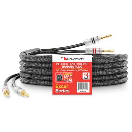 Nakamichi 24k Gold Plated Banana Plugs with Speaker Cable Wire 99.9% OFC | Oxygen-Free Copper, Excel Series, Heavy Duty Braided for Amplifier Receiver Hi-Fi Stereo AV - Black (14AWG / 15 feet / 4.5m) - color: Black (14 AWG), size: 15-Feet (4.5m)
