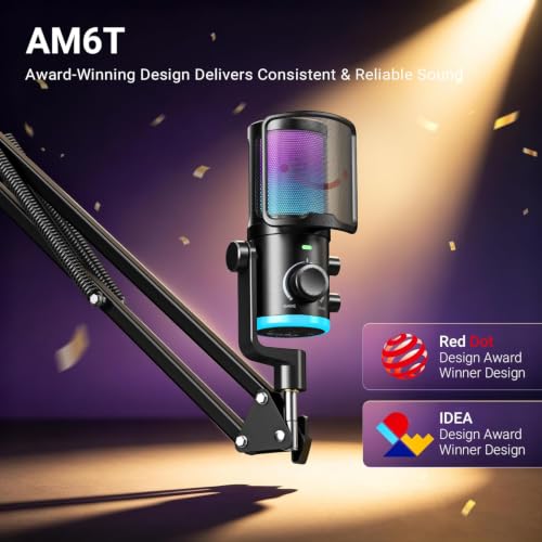 FIFINE AM6T Gaming USB Condenser Mic for PC | ChatMix Dial (Balance Game & Chat Audio), Noise Cancellation, RGB, Quick Mute, Gain Knob, Boom Arm for Streaming on Twitch
