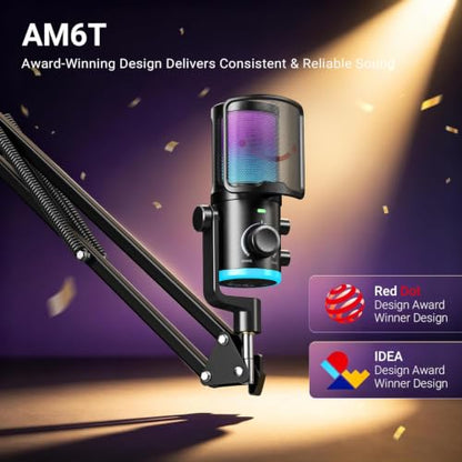 FIFINE AM6T Gaming USB Condenser Mic for PC | ChatMix Dial (Balance Game & Chat Audio), Noise Cancellation, RGB, Quick Mute, Gain Knob, Boom Arm for Streaming on Twitch