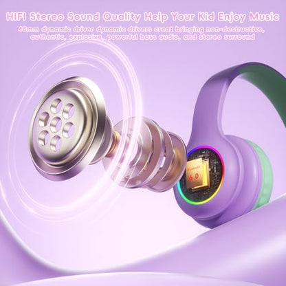 Candy Bila Kids Bluetooth 6.0 Headphones, LED Light, 85Hours Playtime - color: Green and Purple