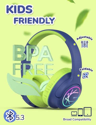 iClever BTH18 Kids Bluetooth Headphones LED Lights for Toddler Boys Girls | SafeSound Tech, 43H Playtime Stereo Sound, USB C Charging AUX Cable, Over Ear Kids Headphones Wireless for iPad/Tablet/Travel - color: C-Green/Blue