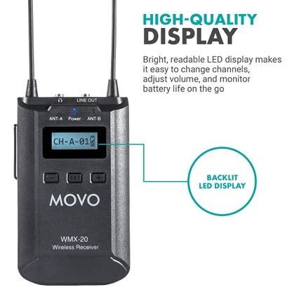 Movo WMX-20-RX Receiver for Wireless Lavalier Microphone System - For WMX-20 UHF Wireless Microphone System - Pairs w/ 2x Lapel Microphone Wireless Transmitters - Headphone Monitoring for Wireless Mic