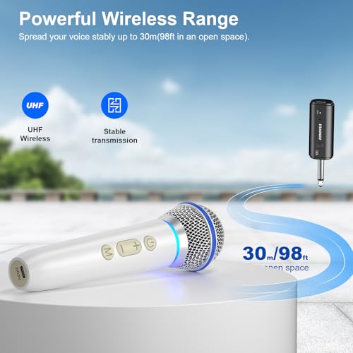 Wireless Microphone with Rechargeable Receiver,UHF Dynamic Handheld Karaoke Mic,100ft Range, for Amplifier Speaker, Mixer,Singing, Party,Speech