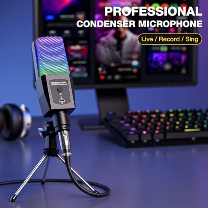 Gaming Microphone for PC, 3.5mm AUX/XLR RGB Condenser Mic for Streaming | Plug and Play | Easy Setup for Videos YouTube Creator Streamer Starter Gamers | Podcast Mic with Desktop Stand for PC/Laptop