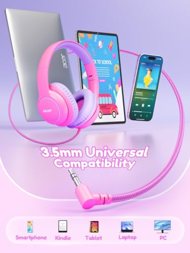Acer OHW328 Kids Headphones Wired for School - Over Ear Design | 85/94dB Safe Volume Limit, 3.5mm Jack Foldable Headphones for Kids Boys Girls Classroom Yoto Player Chromebook Travel Pink - color: Pink