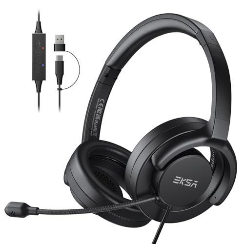 EKSA H27 USB Computer Headset with Microphone for Work, PC Headset with Noise Cancelling Mic, Wired Over-Ear Headphones with in-Line Controls, USB Headset for PC/Computer/Laptop/Call Center/Office - style: Wired Headset