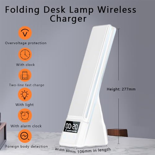 IHAO 6in1 Multifunctional Foldable LED Desk Lamp with Wireless Charger Digital Alarm Clock Eye-Care Lighting 3 Color Modes 15W Qi Charger for Phone/Headphones Compatible with iWatch Charger-N61 White - color: Multi Funcitonal Alarm Clock N61 White