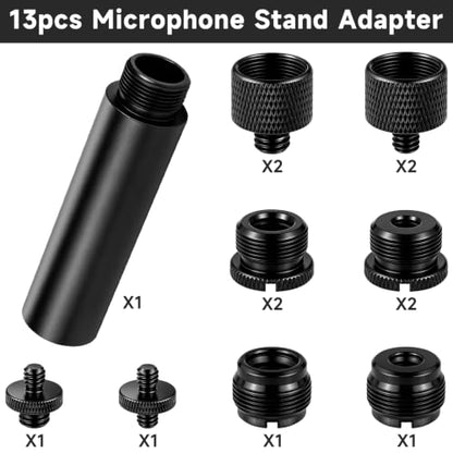 13 Pack Microphone Stand Adapter Screws with Extension Tube | 3/8 to 5/8 and 1/4 Screw Thread Adapter Mic Thread Adapter Set for Mic Boom Arm, Microphone Camera Tripod, Projector Stand