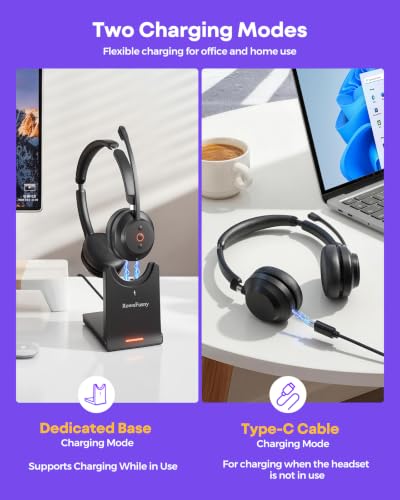 Wireless Headset with Mic for Work With Charging Stand & USB Dongle