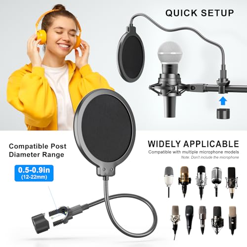 LINCO Microphone Pop Filter Shield with O Clamp for Blue Yeti PF1501 | Dual-layered pop screen, 360° gooseneck, sturdy clamp, fits most mics; ideal for studio & live streaming