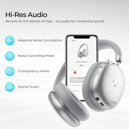 havit Space S1 Adaptive Noise Cancelling Wireless Over Ear Headphones - color: Silver