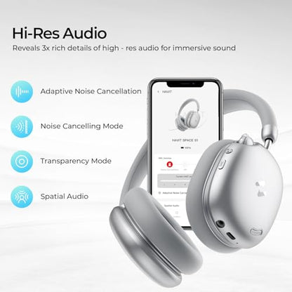 havit Space S1 Adaptive Noise Cancelling Wireless Over Ear Headphones - color: Silver