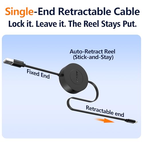AGVEE 3ft Fixed / 2.3ft Extend Single-End Retractable Lightning Cable | Desk-Mounted, Pocket Size, 2.4A Fast Charger Cord for iPhone 14/13/12/11/XS/8/7/6/5, iPad, iPod, Cord Organizer - size: 3ft Fixed / 2.3ft Extend, style: A to Lightning