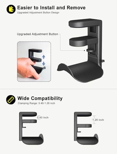 Headphone Holder Hanger Upgraded with Rotating & Adjustable Clamp for Controller & Headphones, Headset Stand Under Desk Hook Mount Built in Cable Clip