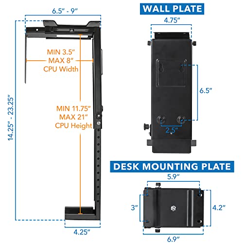 Mount-It! CPU Under Desk Mount Bracket - Computer Tower Wall and Under Counter Holder, 360 Degree Swivel Adjustable Height and Width Wall-Mountable - size: small, large