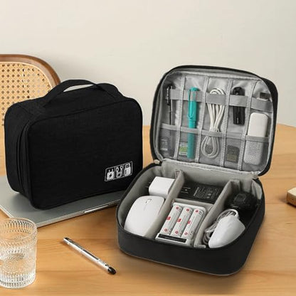 Travel Cable Organizer Pouch Electronic Accessories Carry Case Portable Waterproof Double Layers Storage Bag for Cord, Charger, Phone, Earphone,Black
