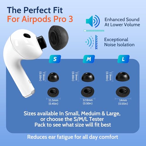 Memory Foam Replacement Earbud Tips for AirPods Pro 3, Premium Low-Rebound Foam Eartips for AirPods Pro 3rd Generation 2025, Anti-Slip, Better Noise Canceling, 3 Pairs (Black, Medium) - size: Medium