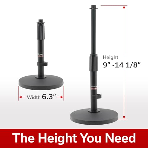 Hamilton KB100M Desktop Microphone Stand with Metal Round Base | 9.1-14.2" Adjustable Height, 2.64lbs Weighted Base, Cable Holder, Black Steel