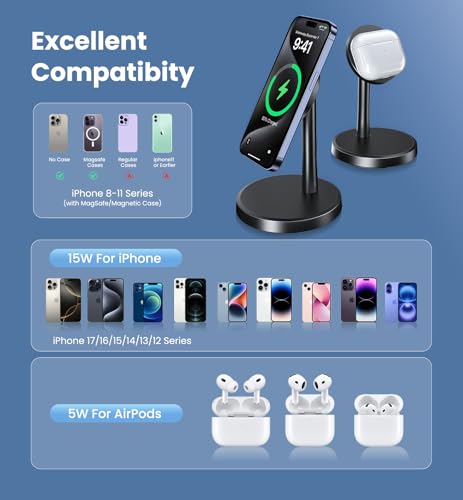 Magnetic Wireless Charger iPhone, 2 Pack 15W Fast Mag-Safe Charger Stand for iPhone 17/17 Air/17 Pro/17 Pro Max 16/15/14/13/12 Series, Wireless Charging Station for Pad/AirPods(Black) - color: Black