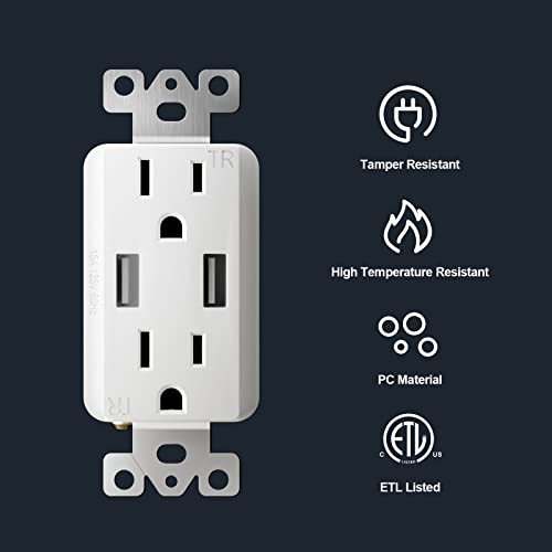 Outlet with USB High Speed Charger 4.8A Charging Capability,Duplex Receptacle 15 Amp, Tamper Resistant Wall Socket USB Outlet,Child Proof Safety,Screwless Wall Plate,White (4 Pack) - size: 4.8 A / 4 Pack