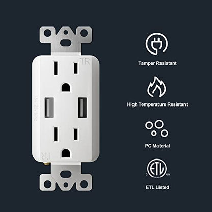 Outlet with USB High Speed Charger 4.8A Charging Capability,Duplex Receptacle 15 Amp, Tamper Resistant Wall Socket USB Outlet,Child Proof Safety,Screwless Wall Plate,White (4 Pack) - size: 4.8 A / 4 Pack