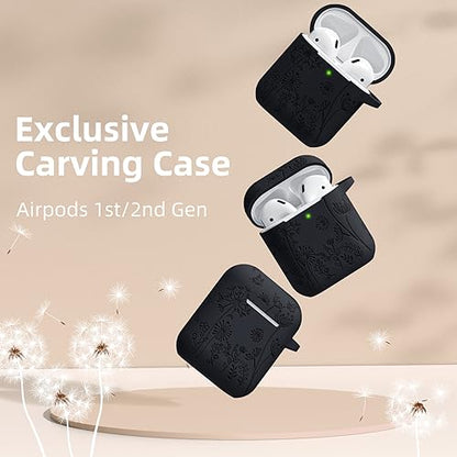Lerobo for AirPod Case 2nd/1st Generation with Keychain | Flower Engraved Soft Silicone Cover for AirPods 2 Case, Wireless Charging, Scratchproof, One-piece Design, Black - color: Black