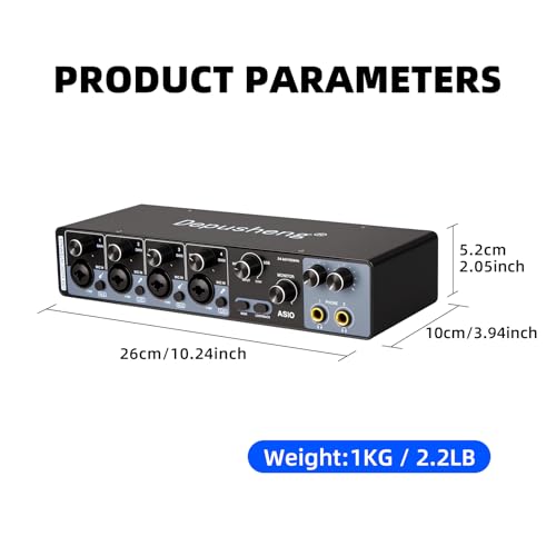 Depusheng USB Audio Interface with ASIO Drivers, 24Bit 192Khz, Phantom Power +48v, Low Latency for Home Studio Recording, PC/MAC Compatible (4 CHANNEL)