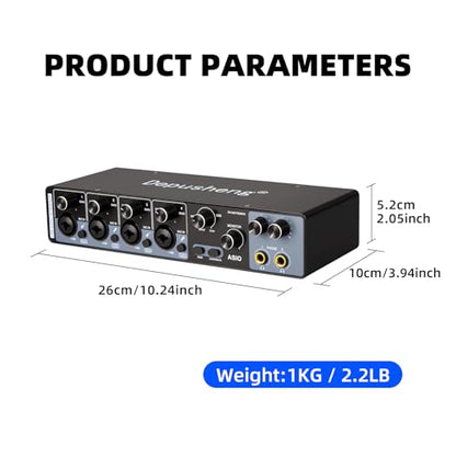 Depusheng USB Audio Interface with ASIO Drivers, 24Bit 192Khz, Phantom Power +48v, Low Latency for Home Studio Recording, PC/MAC Compatible (4 CHANNEL)