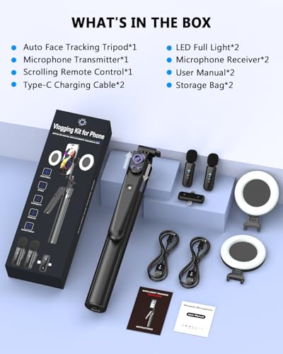 Vlogging Kit for iPhone/Android, 63”Auto Face Tracking Tripod for iPhone with Light, Wireless Microphones, Scrolling Remote Control for TikTok, Content Creator Kit for YouTube Starter - size: 63 inches