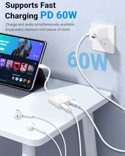 Seulliya USB C to 3.5mm Headphone Jack and Charger Adapter, 2-in-1 Audio & Fast Charging Splitter for Apple iPhone 17/16/15/Pro/Pro Max, iPad, Samsung, Pixel, and More 1Pack - color: White