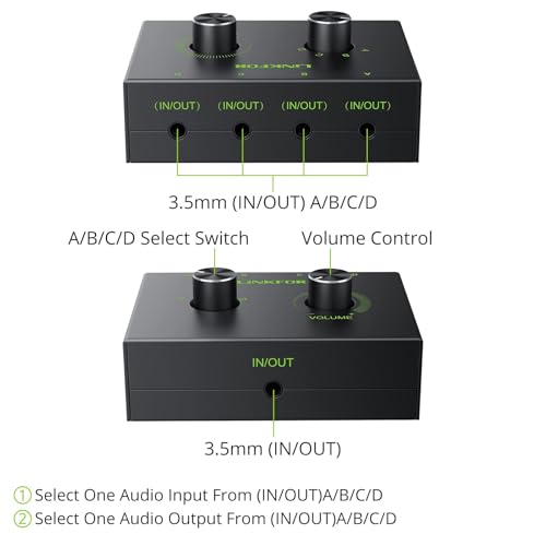LiNKFOR 4 Port 3.5mm Stereo Audio Switch, 4 Way Stereo Audio Selector, 4 Input 1 Output / 1 Input 4 Output Audio Splitter with Volume Control and 4 Channel Switch Knob - size: 4 Ports 3.5mm