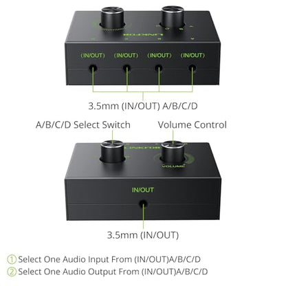 LiNKFOR 4 Port 3.5mm Stereo Audio Switch, 4 Way Stereo Audio Selector, 4 Input 1 Output / 1 Input 4 Output Audio Splitter with Volume Control and 4 Channel Switch Knob - size: 4 Ports 3.5mm