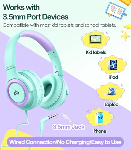 INFURTURE Kids Headphone for School with Microphone, 3.5mm Wired Headphone | Adjustable for Boys/Girls, Soft Ear Muffs, Volume Limit, Foldable, Lightweight On-Ear Headphones for ipad/Travel/Tablet - color: Green