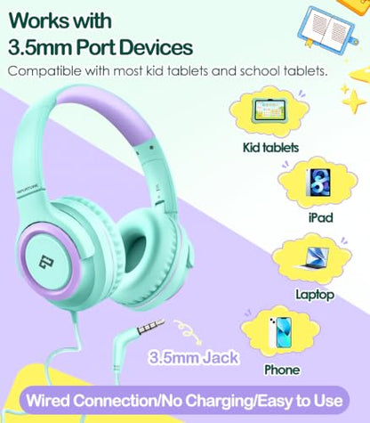 INFURTURE Kids Headphone for School with Microphone, 3.5mm Wired Headphone | Adjustable for Boys/Girls, Soft Ear Muffs, Volume Limit, Foldable, Lightweight On-Ear Headphones for ipad/Travel/Tablet - color: Green