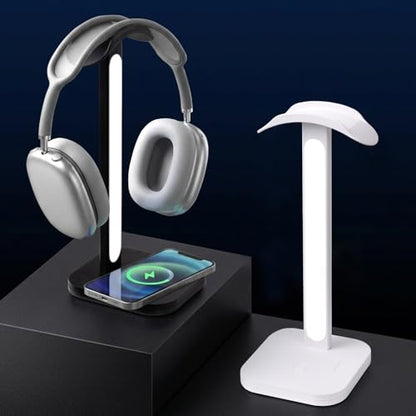 3-in-1 Headphone Stand with Wireless Charging Station and Desk Lamp, Headset Holder with Phone Charger, LED Desk Light for Gaming Setup, Office and Bedroom - color: White