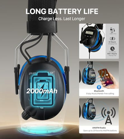 AM FM Radio Hearing Protection Earmuff, Bluetooth 5.4, 30SNR | Rechargeable Hearing Protectors with Gel Earpads, Headphones for Lawn Mowing, Construction, Chainsaw, Landscaping - color: Am/Fm+ Bluetooth-blue