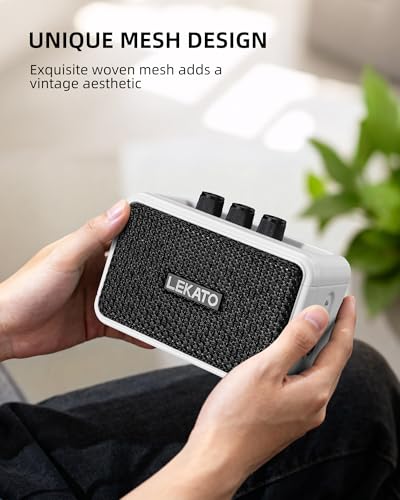 LEKATO Mini Guitar Amplifier AG-04, Dual Speakers 5W, Rechargeable Electric Guitar Amp Bluetooth with Clean Overdrive, 6H Working, Headphone Jack, Wireless Portable Small Amp for Practice (White) - color: White