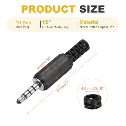 MECCANIXITY 10 Pcs 1/8" TRRS Audio Male Plug, 3.5mm Jack Plug Adapter Replacement, 4 Pole Solder Jack Cable Connector for Speaker Microphone Guitar (Black)