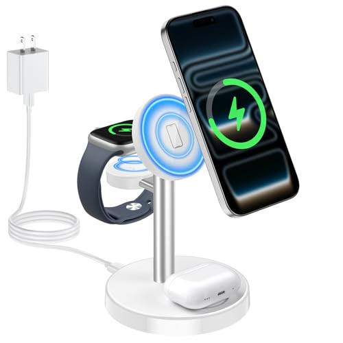 Aeinidi 2026 3 in 1 Wireless Charging Station Compatible with MagSafe Charger Stand, 15W Fast Magnetic Mag-Safe Charger for iPhone 17 16 15 14 13 12 Series Apple iWatch AirPods Pro 4 3 2 - color: Matte Silver White