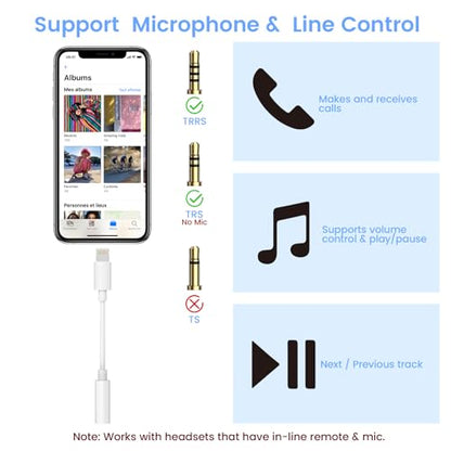 Apple MFi Certified Lightning to 3.5mm Headphone Jack Adapter 2 Pack with Microphone – Hi-Fi Audio Dongle Aux Converter Cable with DAC Chip Earphones Adapter Compatible with iPhone 14/13/12/11/XR/8/7