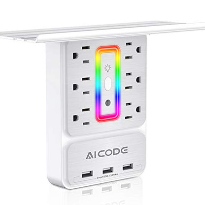 AICODE USB Outlet Extender with Shelf, RGB Night Light, 6 Outlets, White | 9-in-1 Surge Protector, 3 USB Ports (3.2A), 900J, 1875W, Compact Wall Plug Adapter for Home Kitchen Dorm