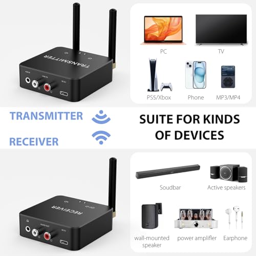 5.8GHz&5.2GHz Dual-Band Wireless Audio Transmitter Receiver for TV/PC, 160ft Long Range 0.018s Low Latency with Built-in 2.4G Bluetooth 5.3 Receiver, Wireless Adapter Kit with RCA(3.5mm) Out/Input - color: GT01-RCA