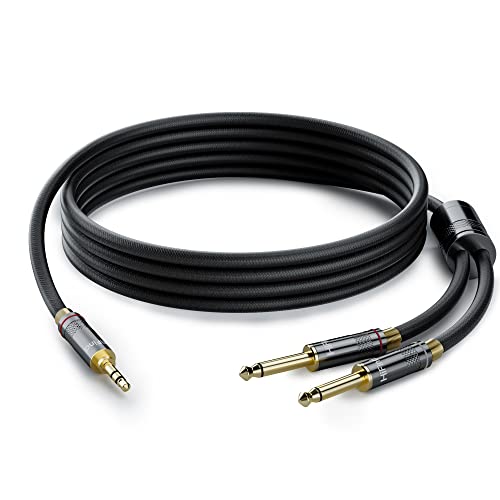 HiFind 3.5mm to Dual 6.35mm Stereo Audio Cable 10 Ft (Real Hi-Fi Sound-Silver Plated Copper-Spring SR) 3.5 mm 1/8" TRS Male to 2 X 6.35 mm 1/4 TS Male Bidirectional Cable for Guitar,Theater,Speaker - size: 10FT, style: 1/8 to Dual 1/4