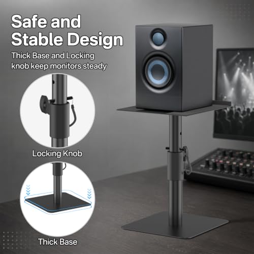 Studio Monitor Stands Pair, Height Adjustable Desktop Speaker Stands for Yamaha, PreSonus, JBL & KRK Monitors, Heavy Duty Steel Construction with Locking System, Anti-Wobble Design & Cable Management