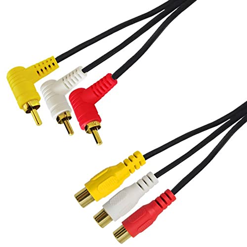 RCA Audio Video Cable - Gold Plated 90 Degree Right Angle 3 RCA Male to Female Audio Video Cable 1.5m/5ft (F to M Bend) - color: Red,White,Yellow