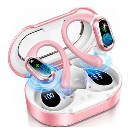 Wireless Earbuds, 2026 New Bluetooth 5.4 Headphones Sport, 60H+ HiFi Stereo | Deep Bass Over-Ear buds, ENC Noise Cancelling Mic, IP7 Waterproof & LED Display Earphones, Earhooks, for Workout, Running - color: comb Pink