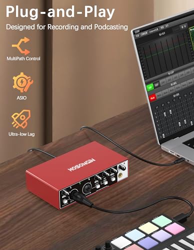 HOSONGIN 초보자를 위한 USB 오디오 인터페이스 - 24비트/192kHz, 48V 팬텀 파워, 팟캐스트/보컬/기타/유튜브, PC/맥/iOS 호환 플러그 앤 플레이 녹음, 뉴 레드 메탈)