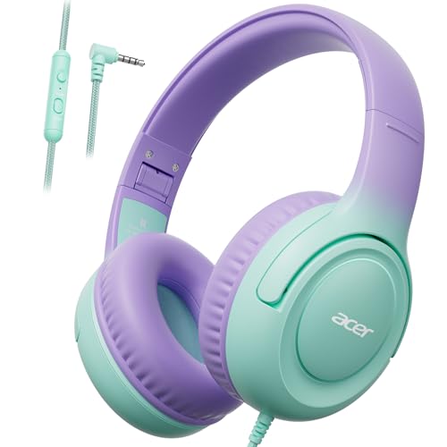 Acer Kids Headphones for School, 85-94dB Limiter, 3.5mm Jack, w/Mic HK03 | Foldable Wired Over Ear Headphones, for Toddler School/Travel/iPad/Tablet, Purple-Green Gradient - color: Green-Purple Gradient