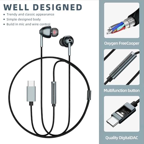 USB-C Wired Earbuds with Microphone, Volume Control, Noise Canceling, Compatible with Samsung Galaxy S24 S23 S22, iPhone 17 16 15 Pro Pro max, Pixel Phones - color: Black