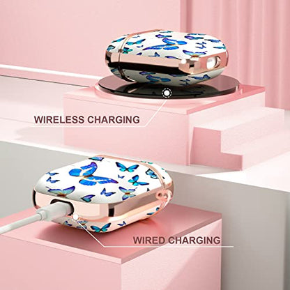 Maxjoy for AirPods Case, Cute AirPod Case Protective Hard AirPod 2 Gen Cover for Women Men with Keychain for AirPods 2nd 1st Generation Charging Cover 2&1, Blue Butterfly - color: Blue + White